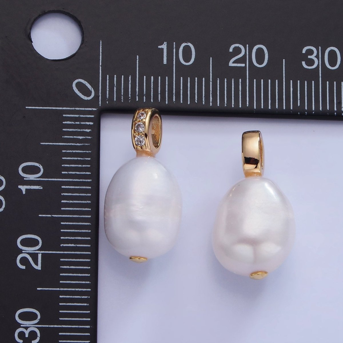 14K Gold Filled Ringed White Freshwater Pearl Micro Paved CZ Bail Pendant | P1735 - DLUXCA