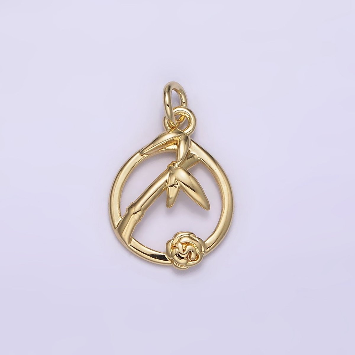 14K Gold Filled Rose Flower Bamboo Plant Nature Open Round Frame Charm | AG219 - DLUXCA