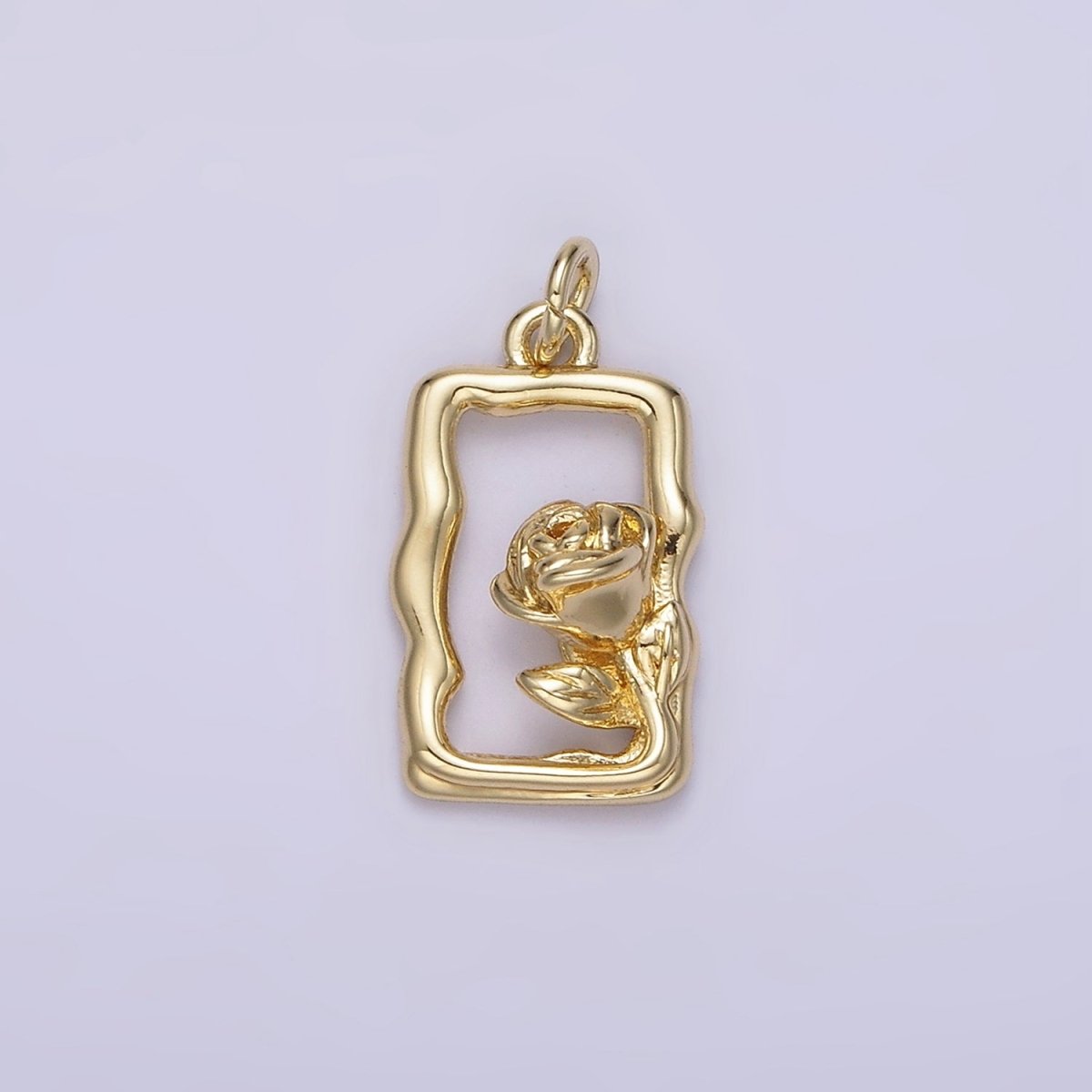 14K Gold Filled Rose Flower Open Wavy Rectangular Charm | AC898 - DLUXCA