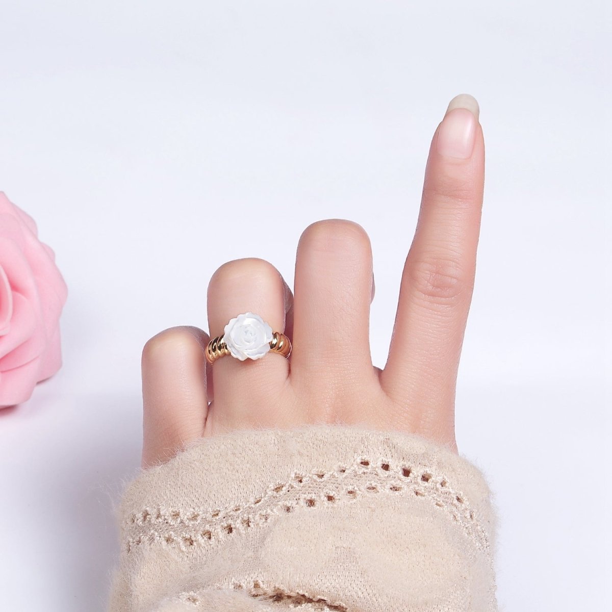 14K Gold Filled Rose Flower Shell Pearl Croissant Ring | O1314 - DLUXCA