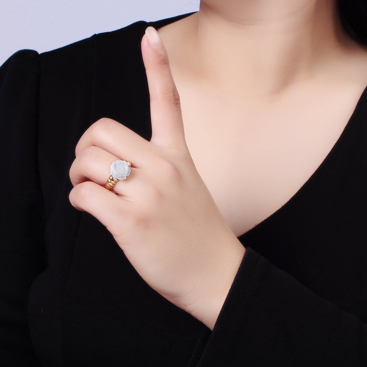 14K Gold Filled Rose Flower Shell Pearl Croissant Ring | O1314 - DLUXCA