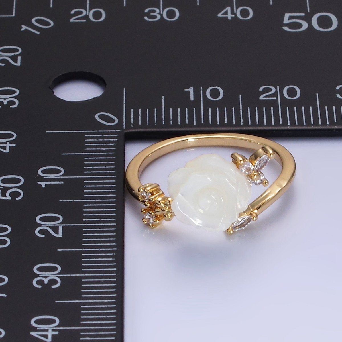 14K Gold Filled Rose Flower Shell Pearl Marquise CZ Leaf Ring | O1315 - DLUXCA