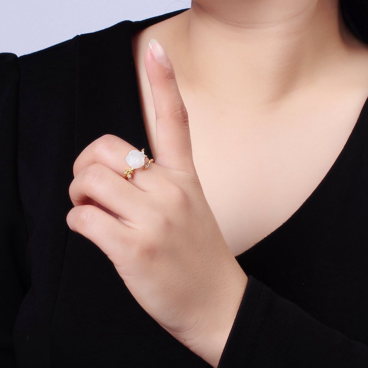 14K Gold Filled Rose Flower Shell Pearl Marquise CZ Leaf Ring | O1315 - DLUXCA