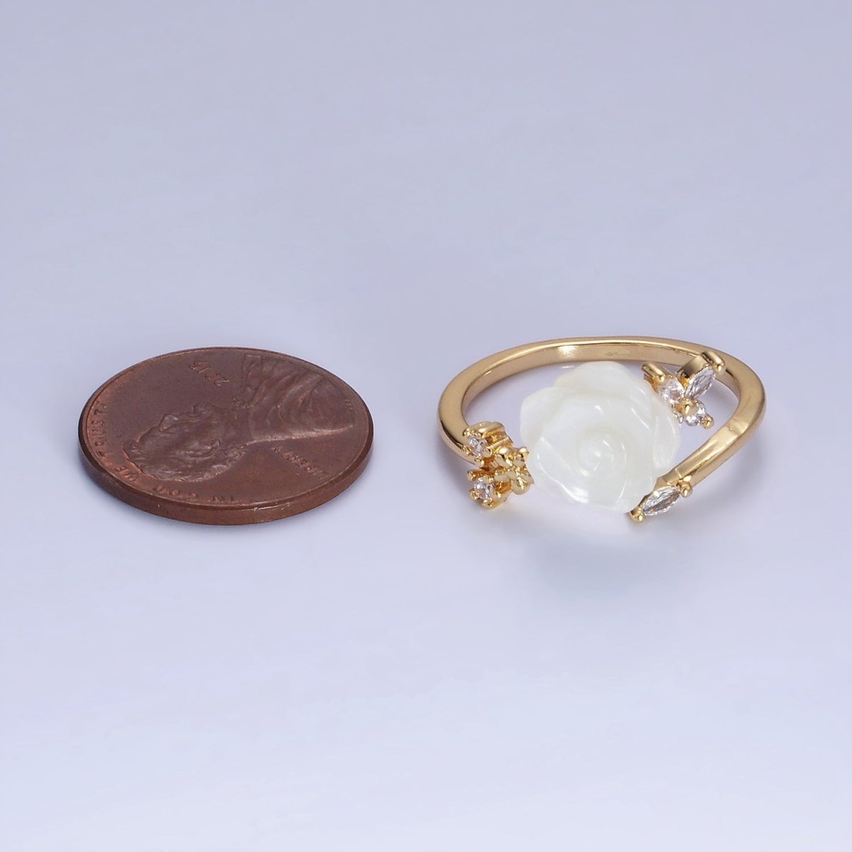 14K Gold Filled Rose Flower Shell Pearl Marquise CZ Leaf Ring | O1315 - DLUXCA