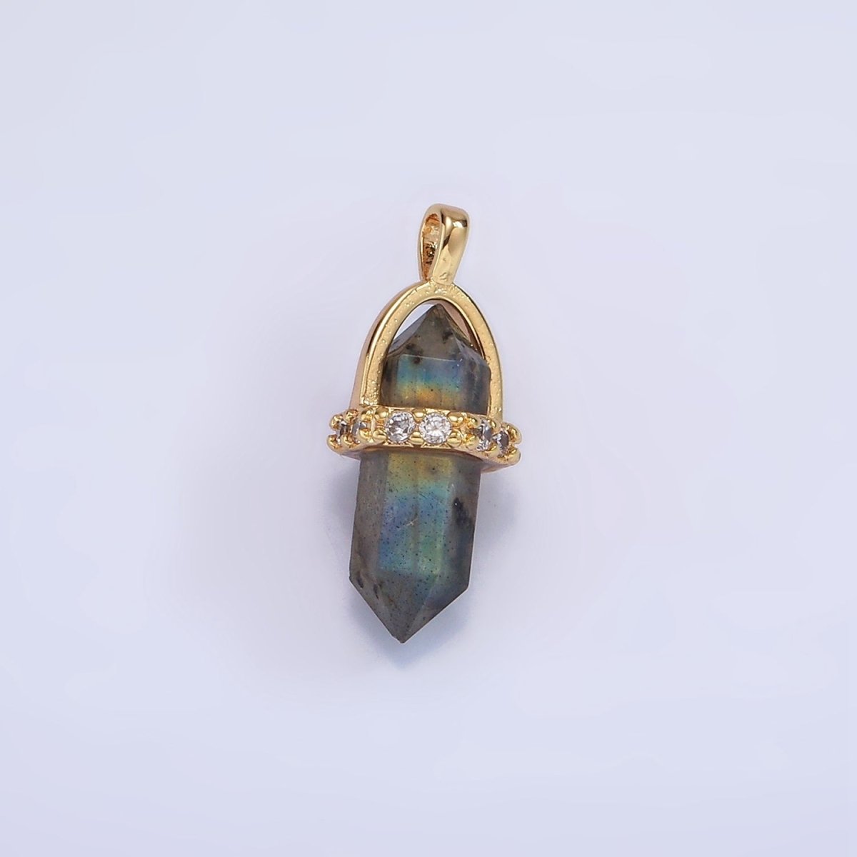 14K Gold Filled Rose Quartz, Amethyst, Labradorite, Aquamarine, Howlite, Onyx Pointed Wand Micro Paved Pendant | N1994 - N2006 - DLUXCA
