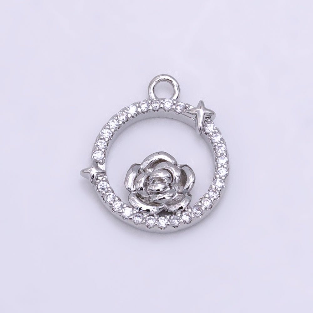 14K Gold Filled Rose Star Open Micro Paved Round Charm in Gold & Silver | W469 W470 - DLUXCA