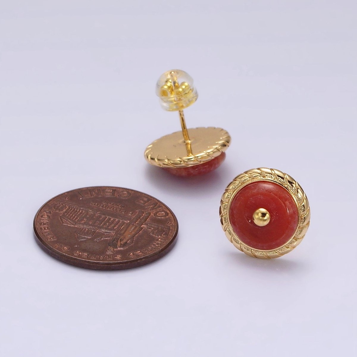 14K Gold Filled Round Aventurine, Smokey Quartz, Unakite, Carnelian Bezel Stud Earrings | V-051 - V-054 - DLUXCA