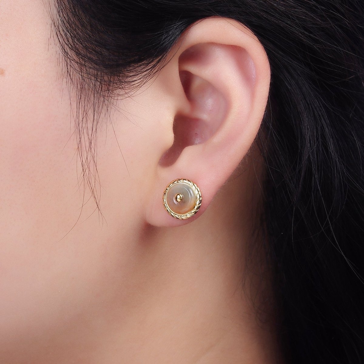 14K Gold Filled Round Aventurine, Smokey Quartz, Unakite, Carnelian Bezel Stud Earrings | V-051 - V-054 - DLUXCA