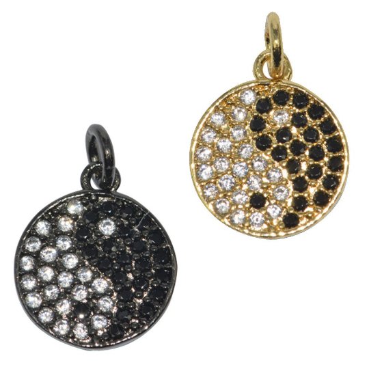 14K Gold Filled Round Black and White Yin Yang Balance Energy Micro Pave CZ Paved Gold Filled Pack of 1 Bracelet Charm Connector D-272 - DLUXCA