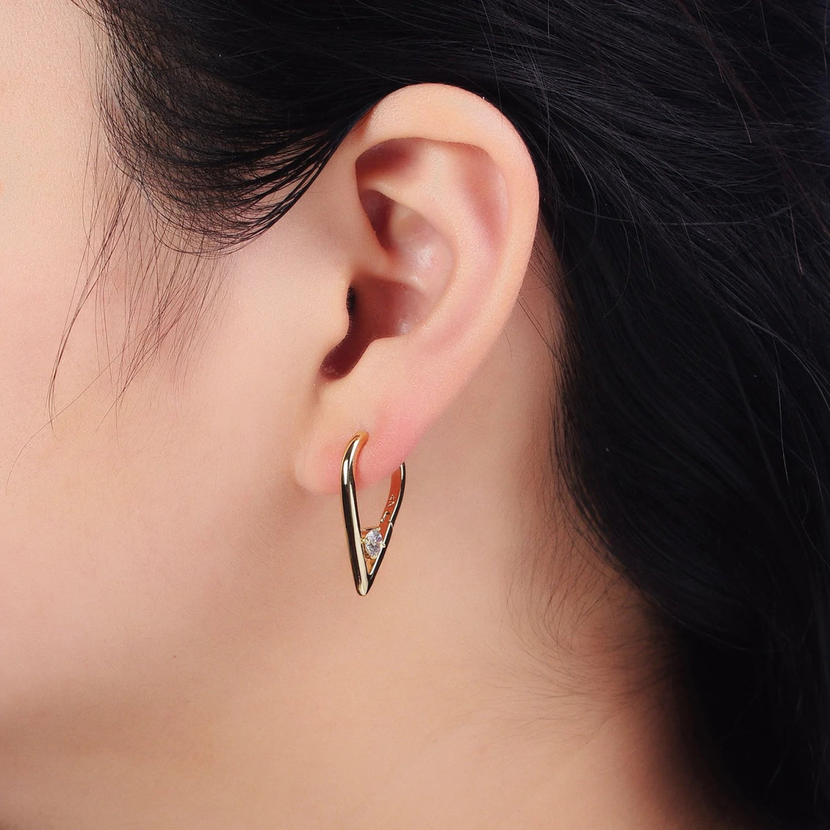 14K Gold Filled Round Clear CZ 22mm, 24mm Geometric Triangle Earrings | AB277 AB240 - DLUXCA