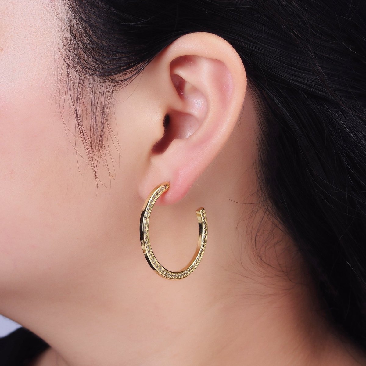 14K Gold Filled Round Clear CZ Lined 35mm C-Shaped Hoop Earrings | AE098 - DLUXCA