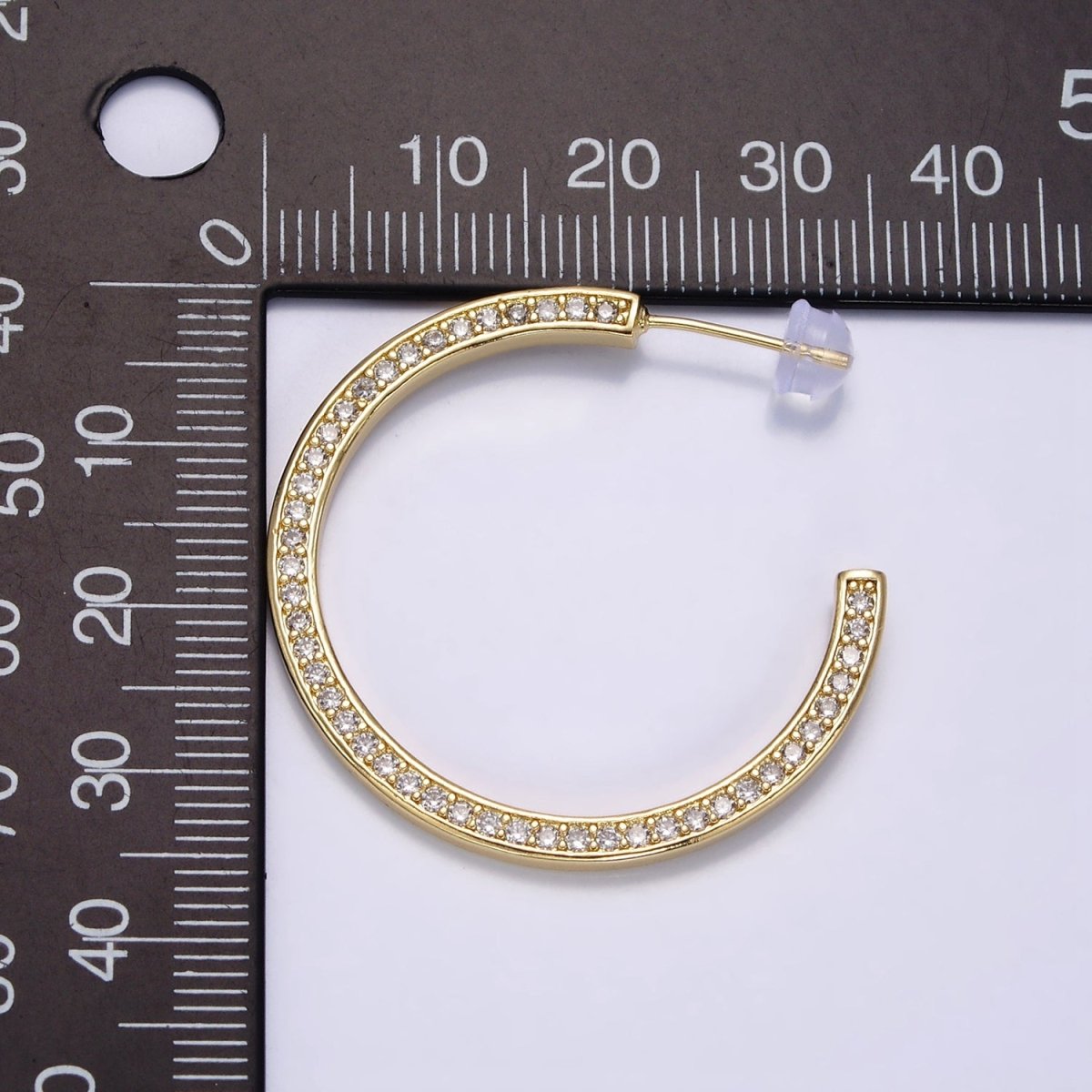 14K Gold Filled Round Clear CZ Lined 35mm C-Shaped Hoop Earrings | AE098 - DLUXCA