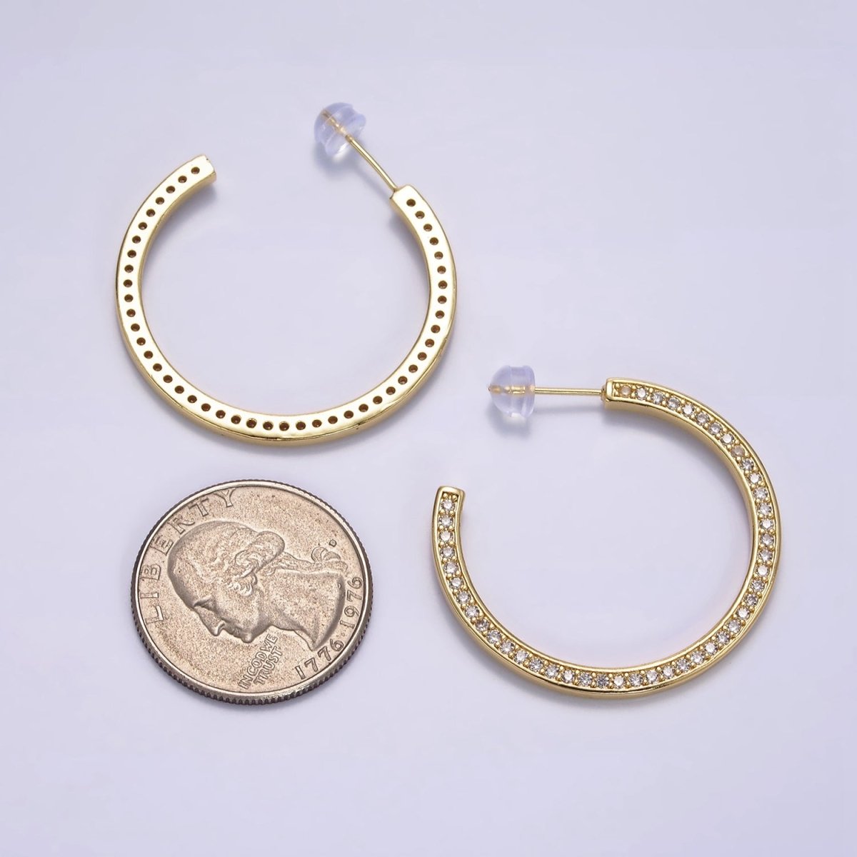 14K Gold Filled Round Clear CZ Lined 35mm C-Shaped Hoop Earrings | AE098 - DLUXCA