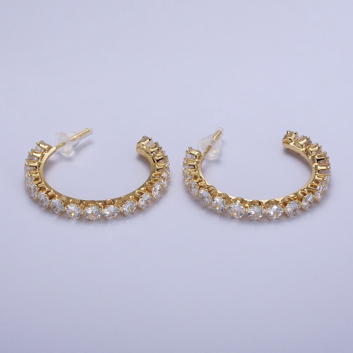 14K Gold Filled Round Clear CZ Lined C-Shaped 36mm Hoop Earrings | AB157 - DLUXCA