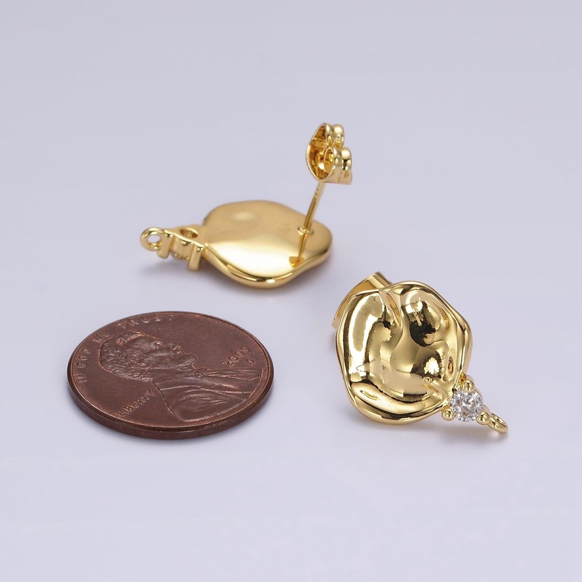 14K Gold Filled Round Hammered Clear CZ Drop Open Loop Stud Earrings Findings Supply | Z602 - DLUXCA