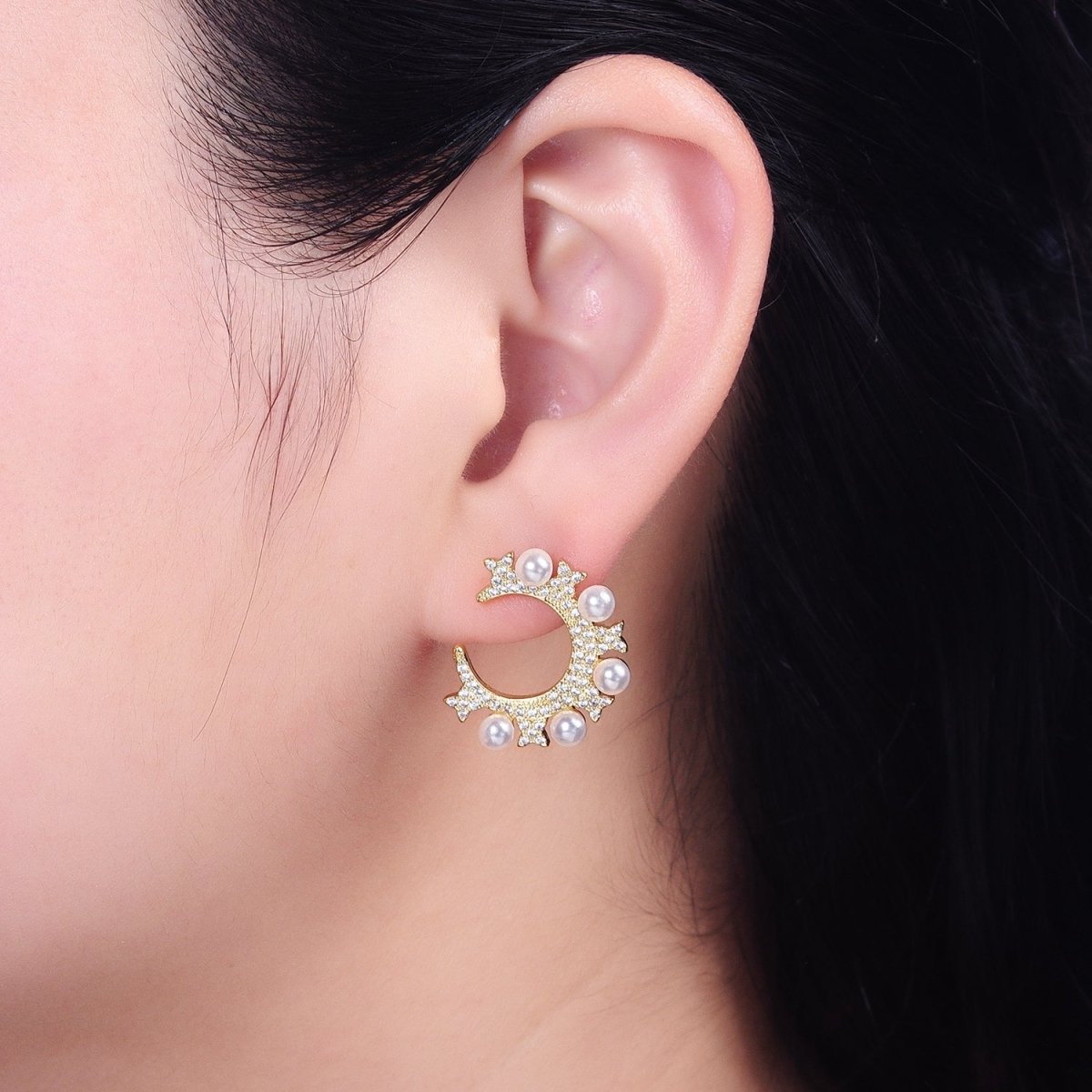 14K Gold Filled Round Pearl Lined Circular Micro Paved CZ Butterfly Stud Earrings in Gold & Silver | AB1506 AB1507 - DLUXCA