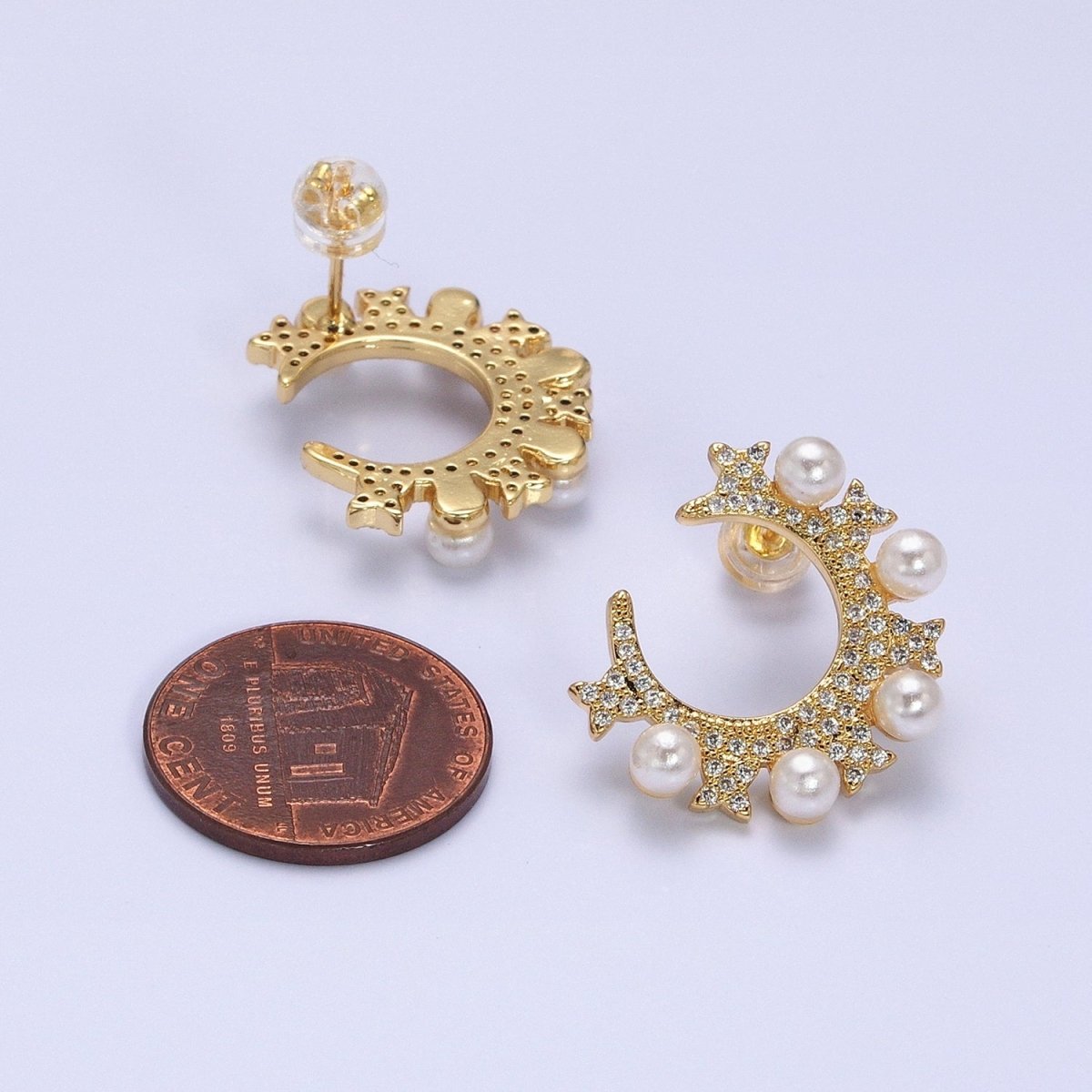 14K Gold Filled Round Pearl Lined Circular Micro Paved CZ Butterfly Stud Earrings in Gold & Silver | AB1506 AB1507 - DLUXCA