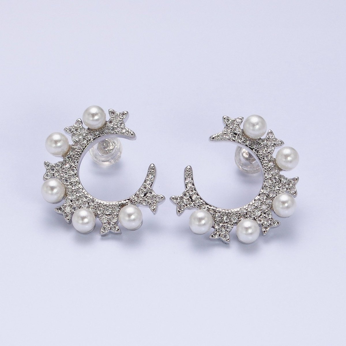 14K Gold Filled Round Pearl Lined Circular Micro Paved CZ Butterfly Stud Earrings in Gold & Silver | AB1506 AB1507 - DLUXCA