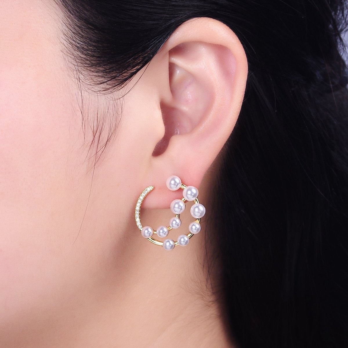 14K Gold Filled Round Pearl Lined Triple Circular Micro Paved CZ Hoop Earrings | AB1517 - AB1518 - DLUXCA