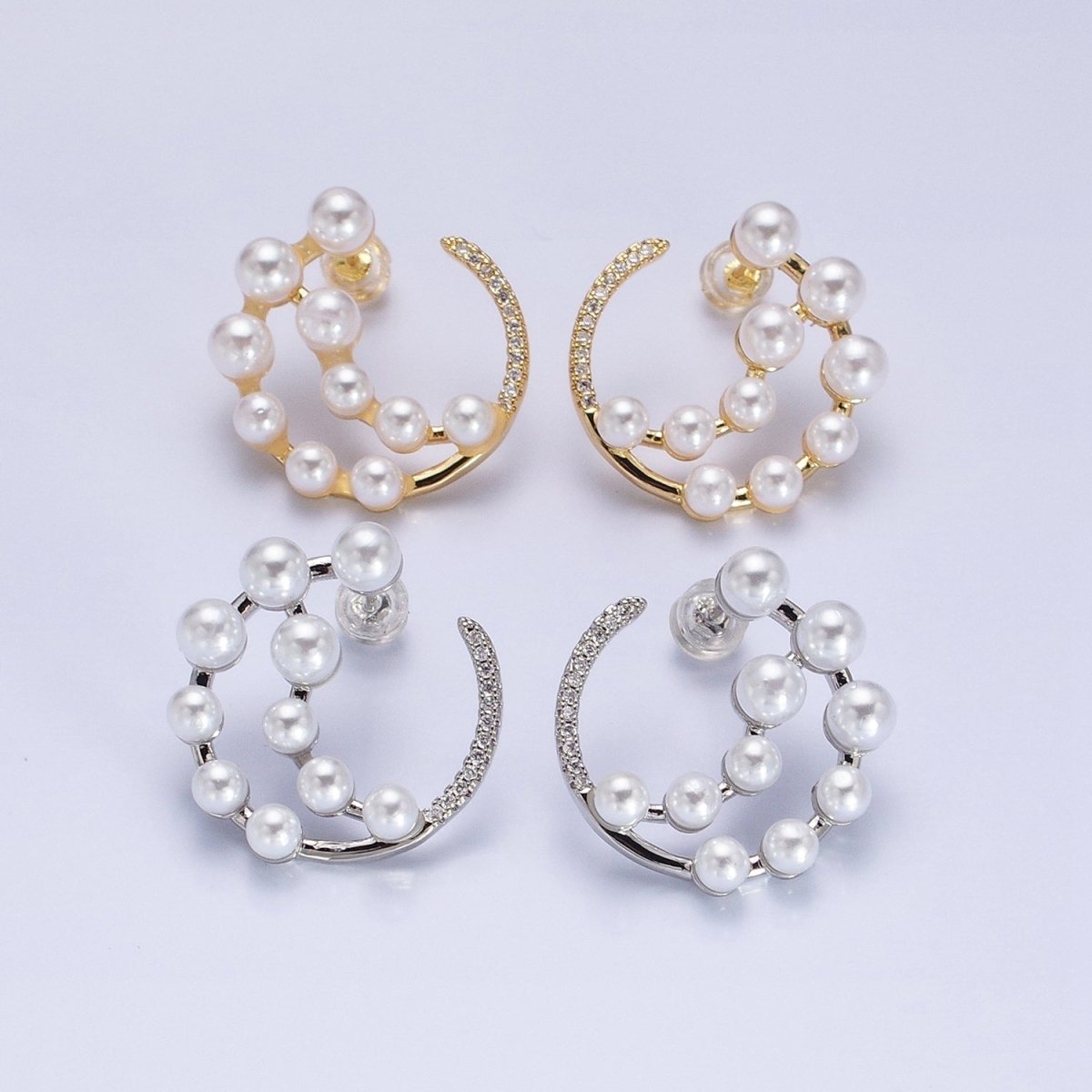 14K Gold Filled Round Pearl Lined Triple Circular Micro Paved CZ Hoop Earrings | AB1517 - AB1518 - DLUXCA
