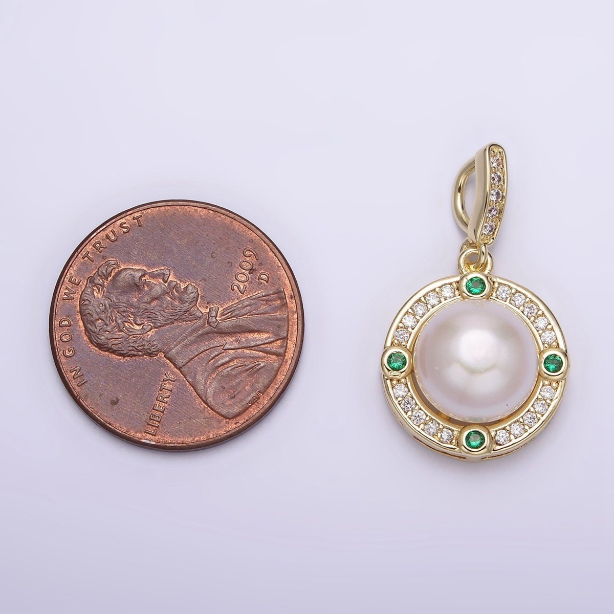 14K Gold Filled Round Shell Pearl Green CZ Clear Micro Paved CZ Bail Pendant | AA631 - DLUXCA