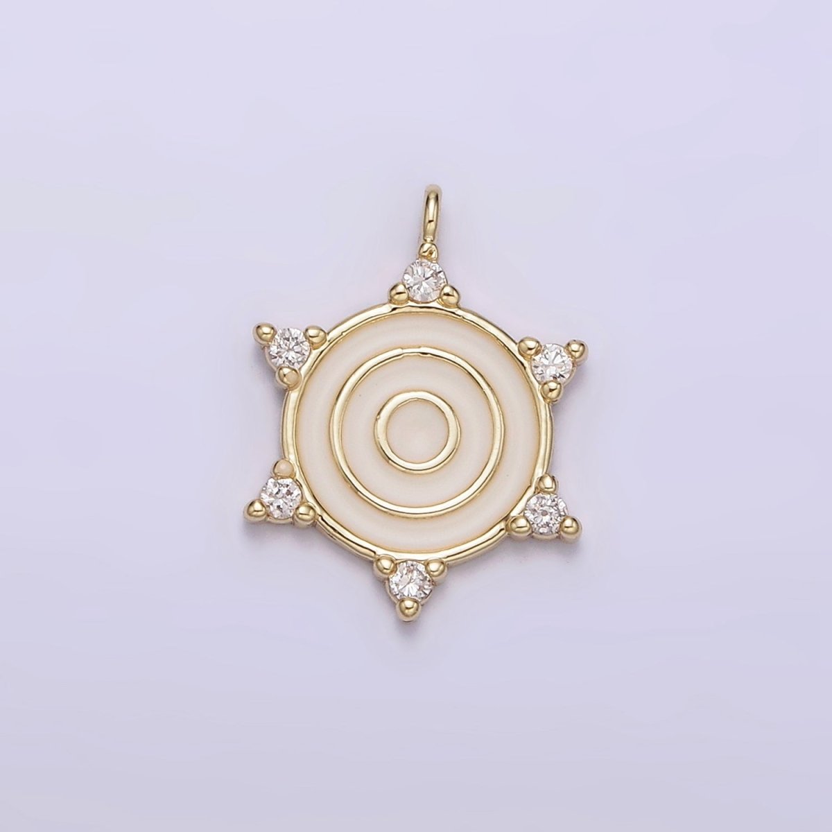 14K Gold Filled Round White Enamel Clear CZ Dotted Outline Charm | N1016 - DLUXCA