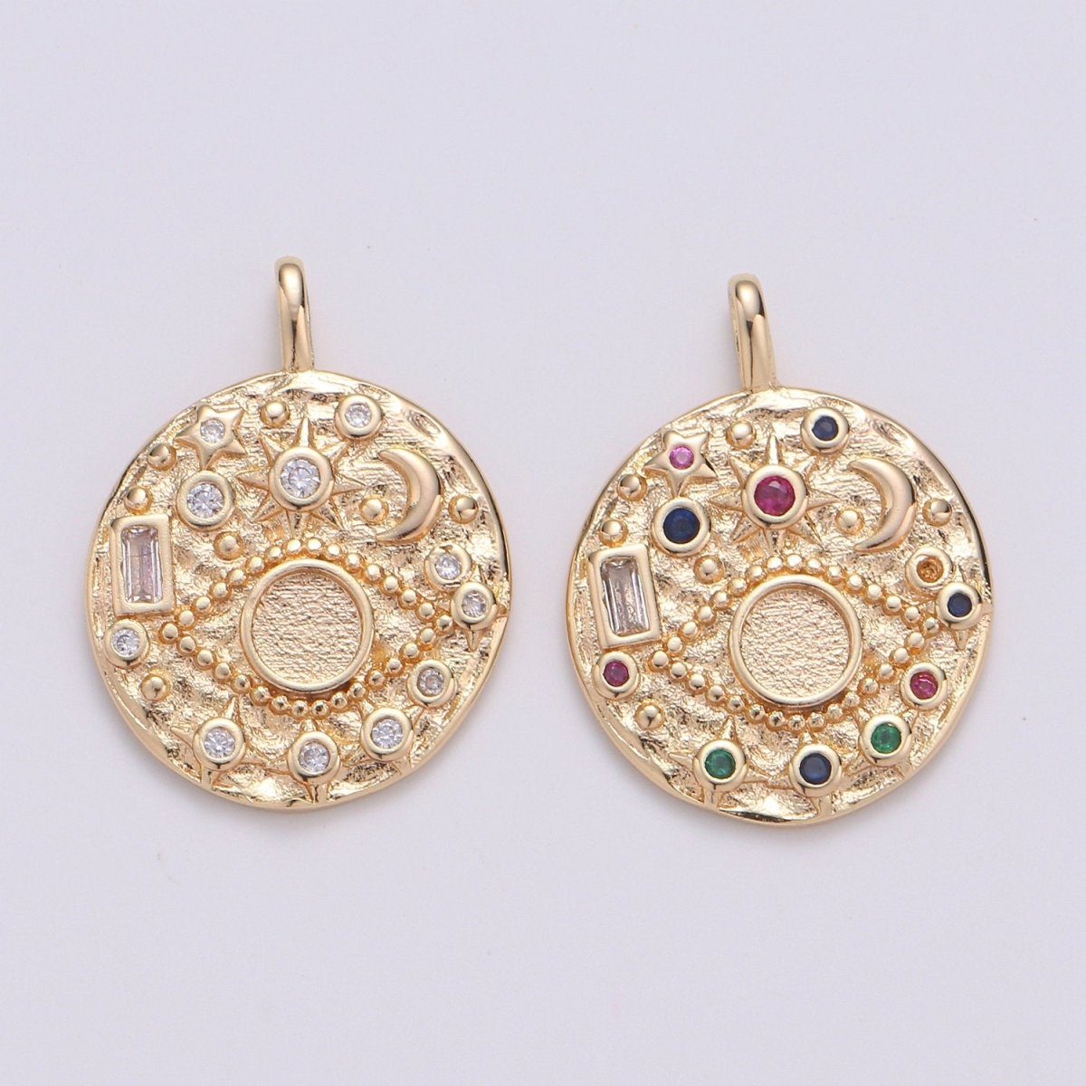 14K Gold Filled Rustic Dainty Evil Eye Charm with Micro Pave Cubic Zirconia CZ Stone for Celestial Moon Necklace or Earring Supply D-219 to D-220 - DLUXCA