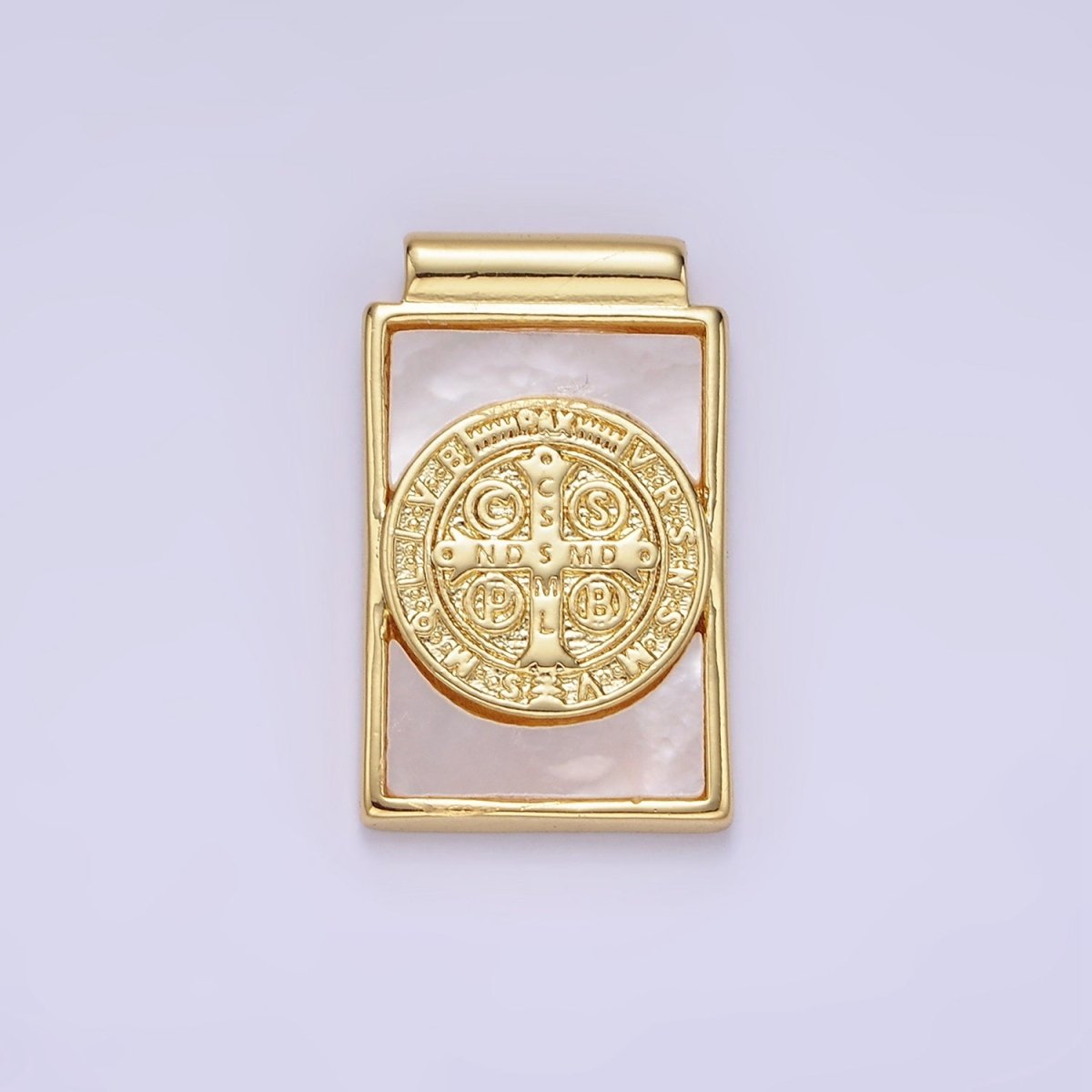 14K Gold Filled Saint Benedict SMQLIVB PAX VRSNSMV Shell Pearl Rectangle Pendant | AH156 - DLUXCA