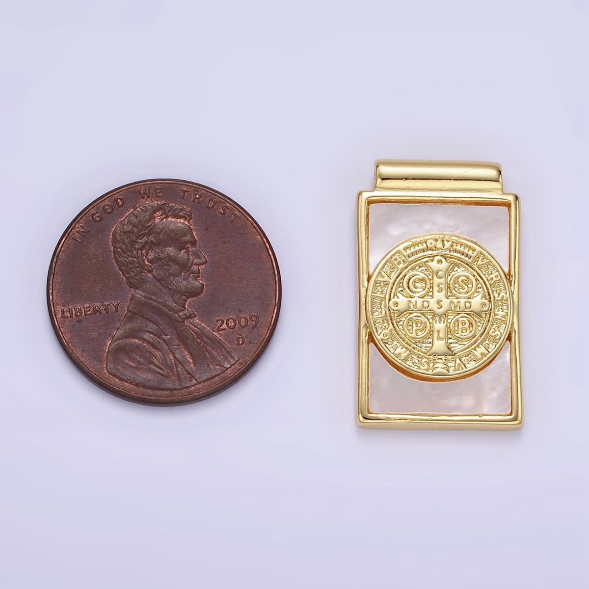 14K Gold Filled Saint Benedict SMQLIVB PAX VRSNSMV Shell Pearl Rectangle Pendant | AH156 - DLUXCA