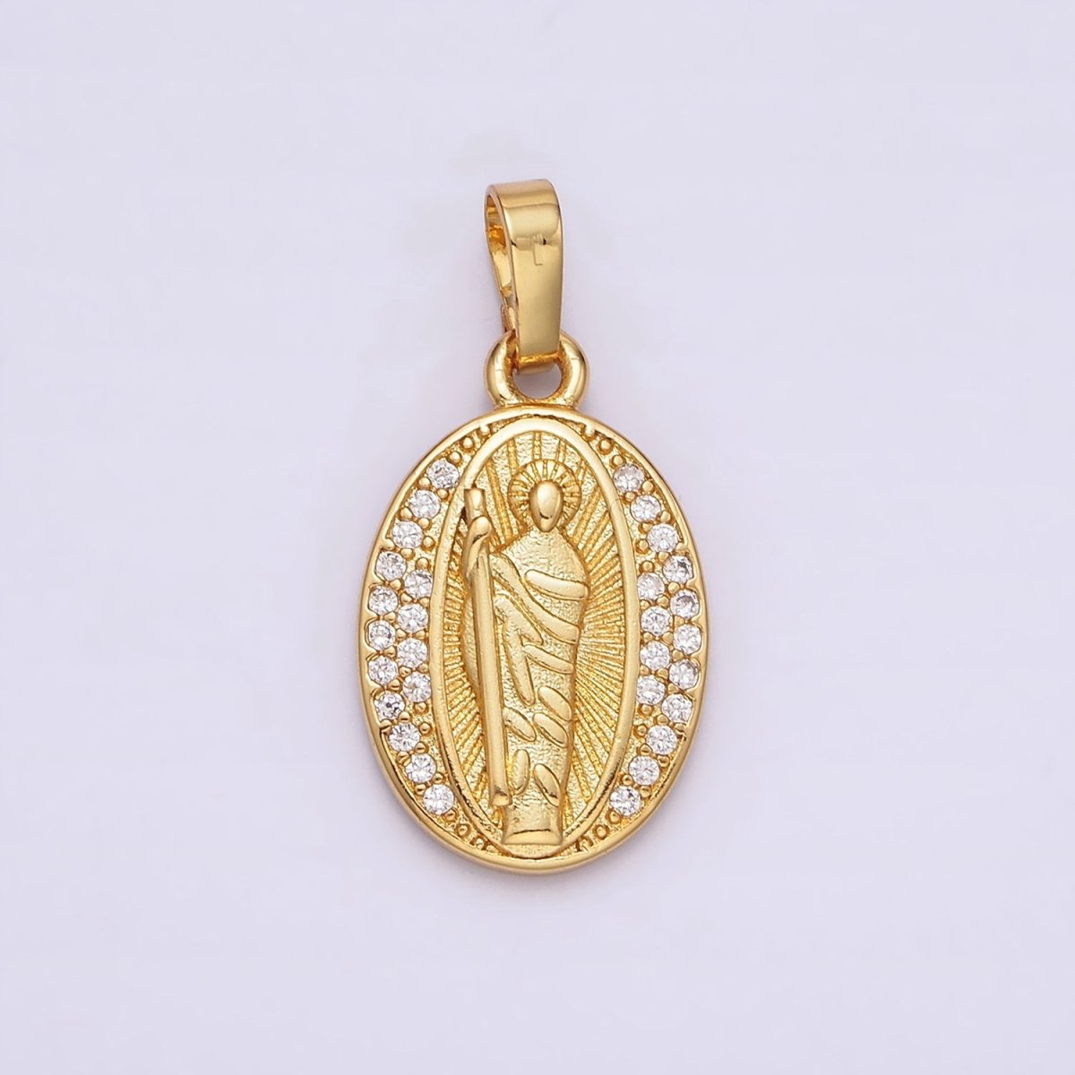 14K Gold Filled Saint Jude Clear Micro Pave Sunburst Oval Pendant | AA608 - DLUXCA