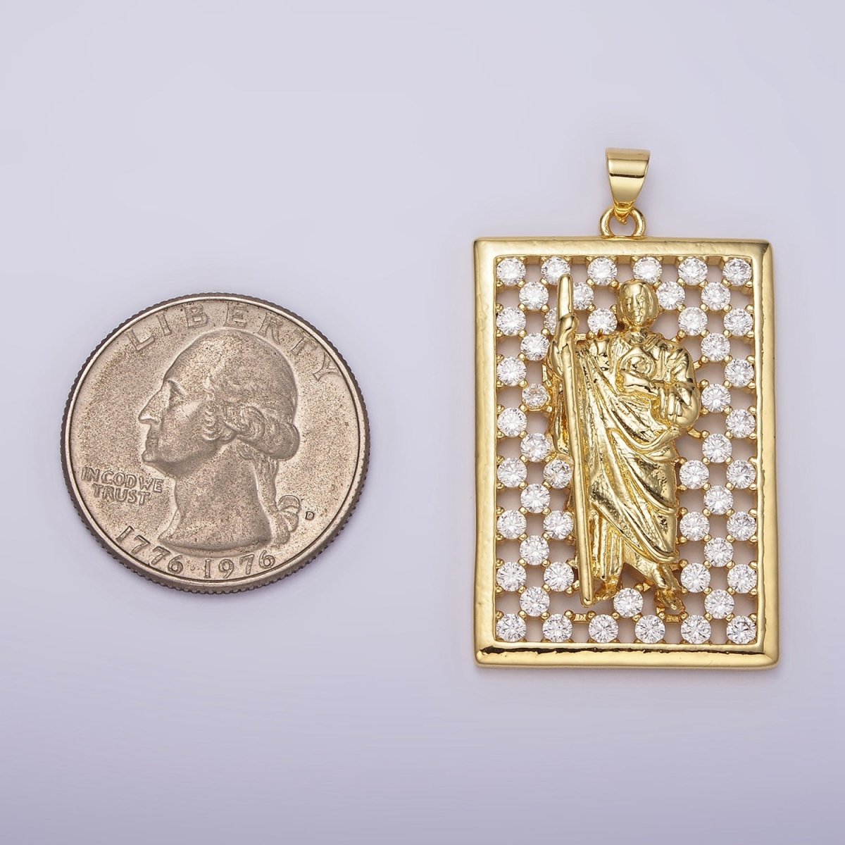 14K Gold Filled Saint Jude Religious Open Clear CZ Checkered Rectangular Tag Charm | N1948 - DLUXCA