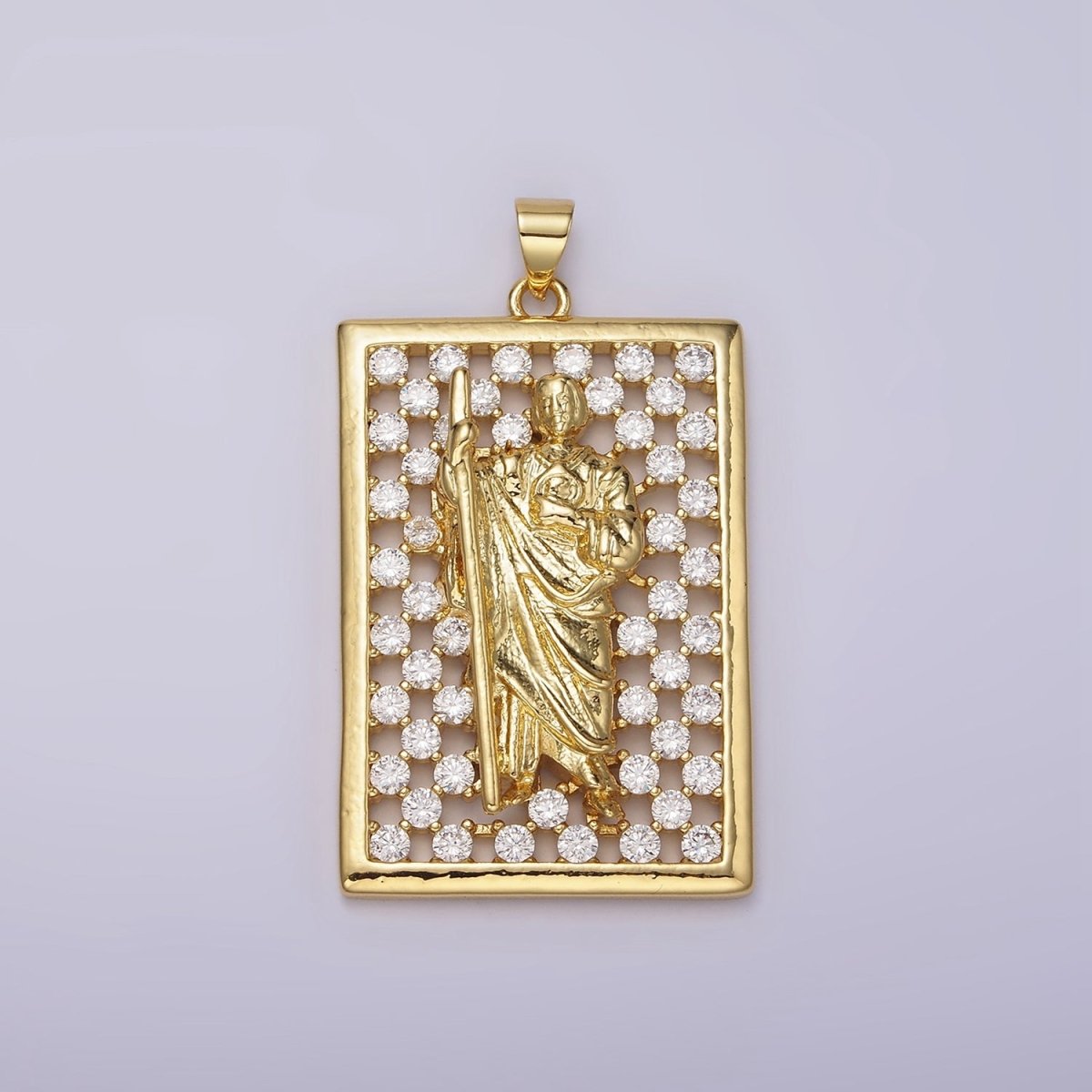 14K Gold Filled Saint Jude Religious Open Clear CZ Checkered Rectangular Tag Charm | N1948 - DLUXCA