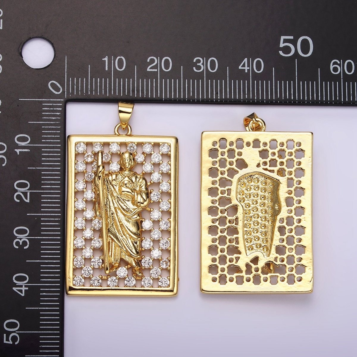 14K Gold Filled Saint Jude Religious Open Clear CZ Checkered Rectangular Tag Charm | N1948 - DLUXCA