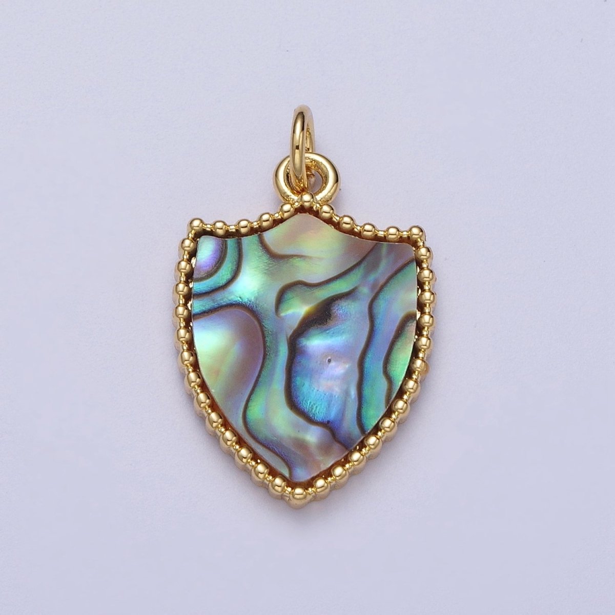 14K Gold Filled Shell Pearl, Abalone Family Crest Shield Charm E-540 E-543 - DLUXCA