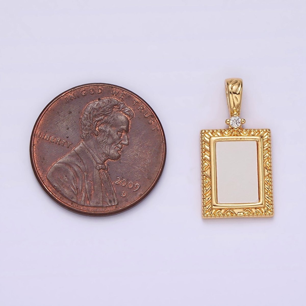 14K Gold Filled Shell Pearl Line-Textured Textured Rectangular Clear CZ Tag Pendant | N1799 - DLUXCA