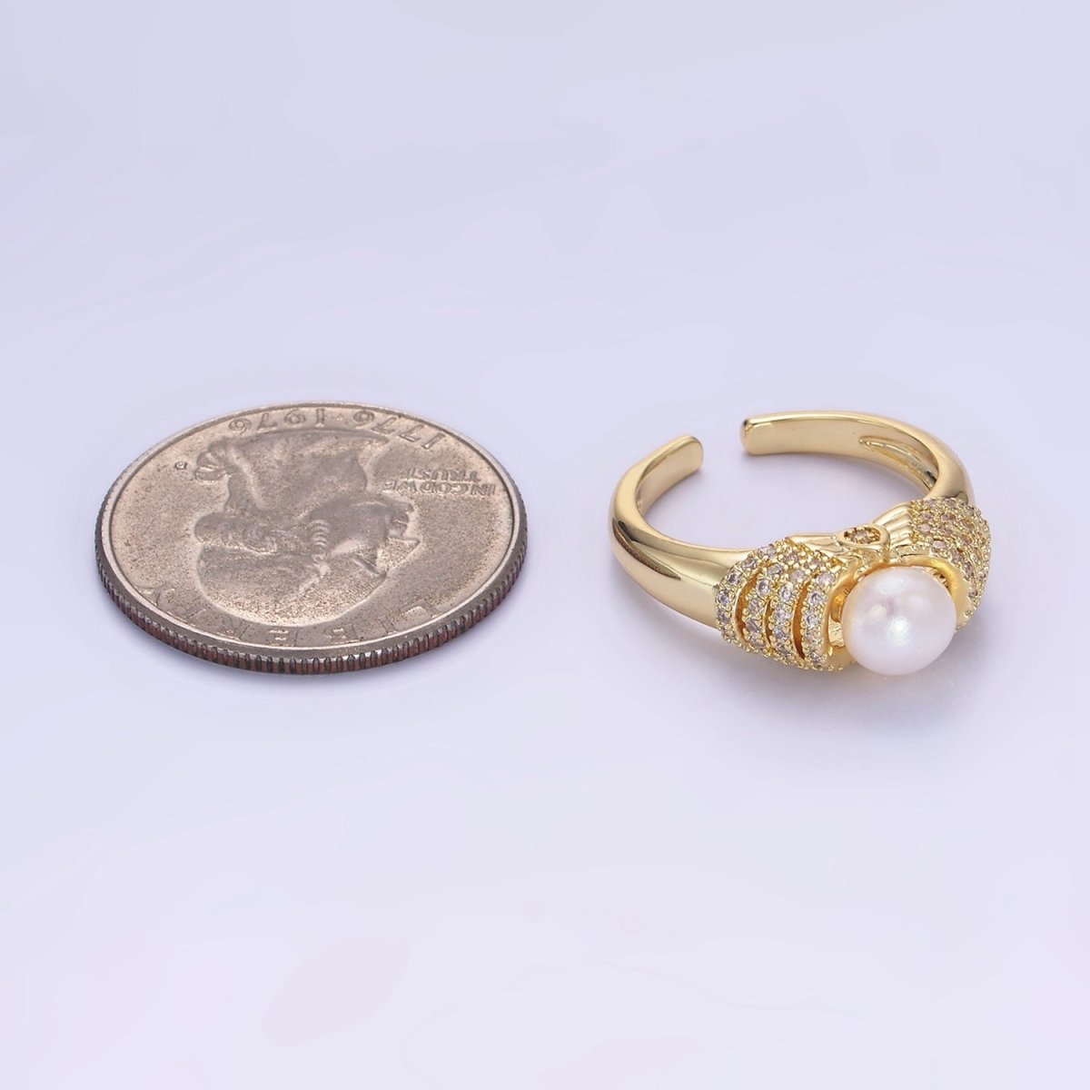 14K Gold Filled Shell Pearl Micro Paved CZ Multiple Lined Band Ring | O1343 - DLUXCA