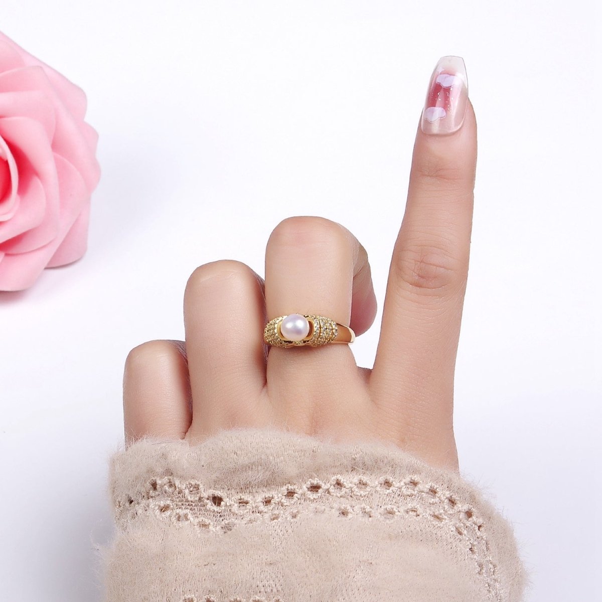 14K Gold Filled Shell Pearl Micro Paved CZ Multiple Lined Band Ring | O1343 - DLUXCA