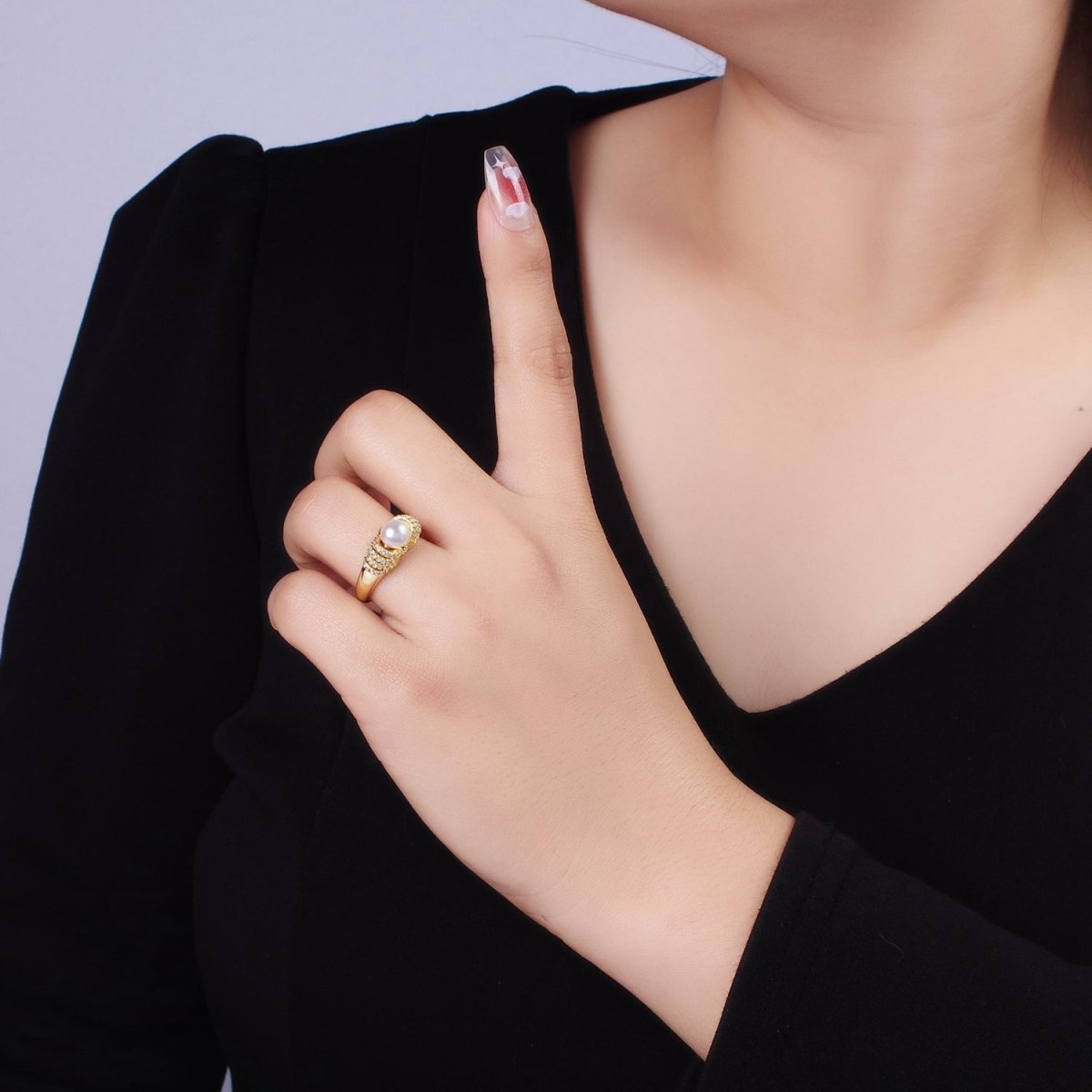 14K Gold Filled Shell Pearl Micro Paved CZ Multiple Lined Band Ring | O1343 - DLUXCA