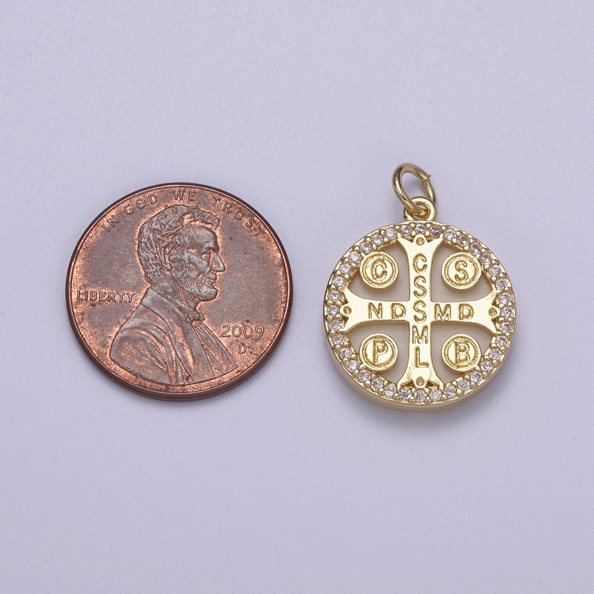 14K Gold Filled Shell Pearl Saint St. Benedict CSSML NDSMD Cross Micro Paved Round Charm | C-411 - DLUXCA