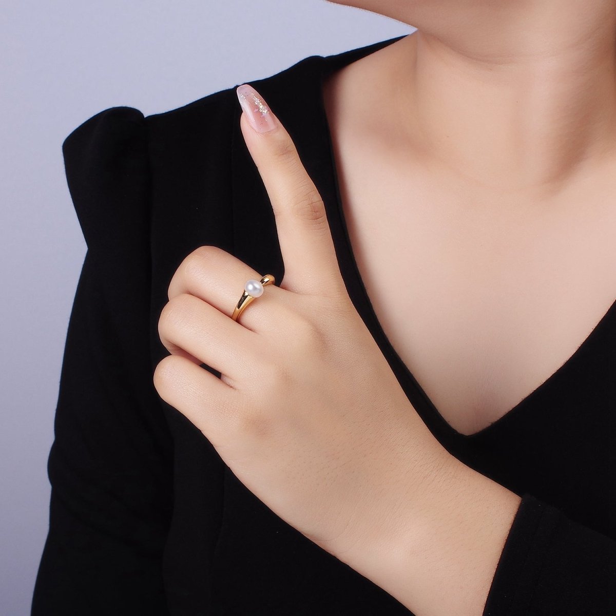 14K Gold Filled Shell Pearl Triple CZ Solitaire Ring | O1316 - DLUXCA