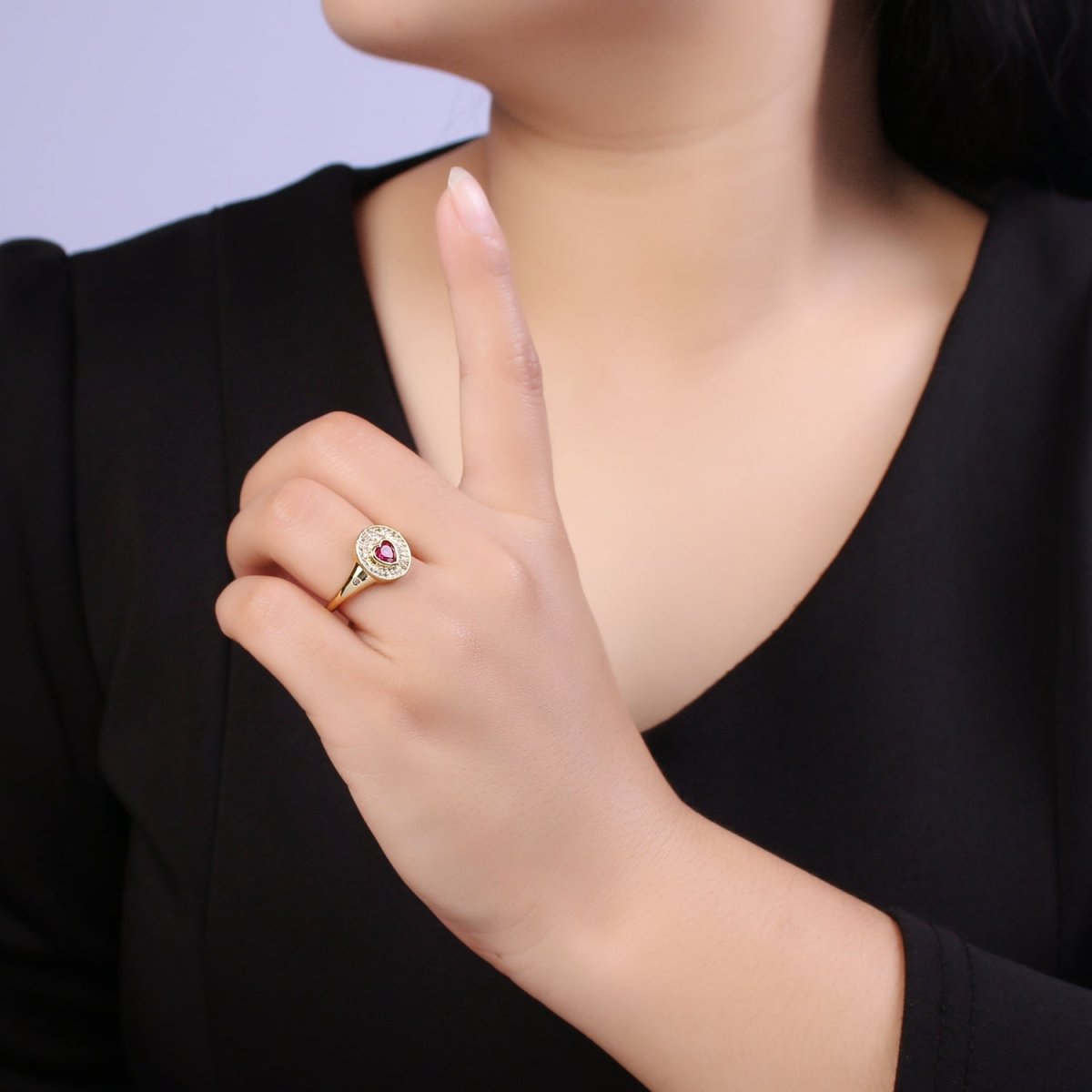 14k Gold Filled Signet Ring, Cubic Zirconia CZ Heart Circle Ring, Gold Open Adjustable Ring U-285~U-288 - DLUXCA