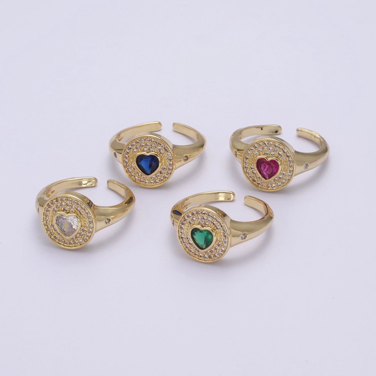 14k Gold Filled Signet Ring, Cubic Zirconia CZ Heart Circle Ring, Gold Open Adjustable Ring U-285~U-288 - DLUXCA