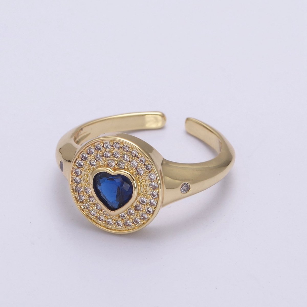 14k Gold Filled Signet Ring, Cubic Zirconia CZ Heart Circle Ring, Gold Open Adjustable Ring U-285~U-288 - DLUXCA