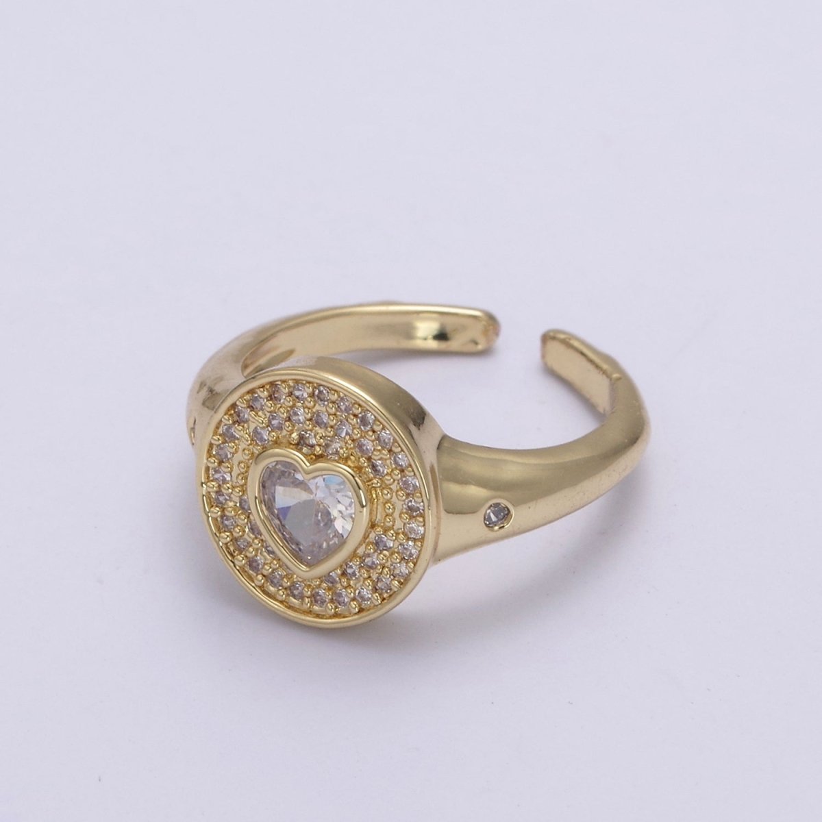 14k Gold Filled Signet Ring, Cubic Zirconia CZ Heart Circle Ring, Gold Open Adjustable Ring U-285~U-288 - DLUXCA