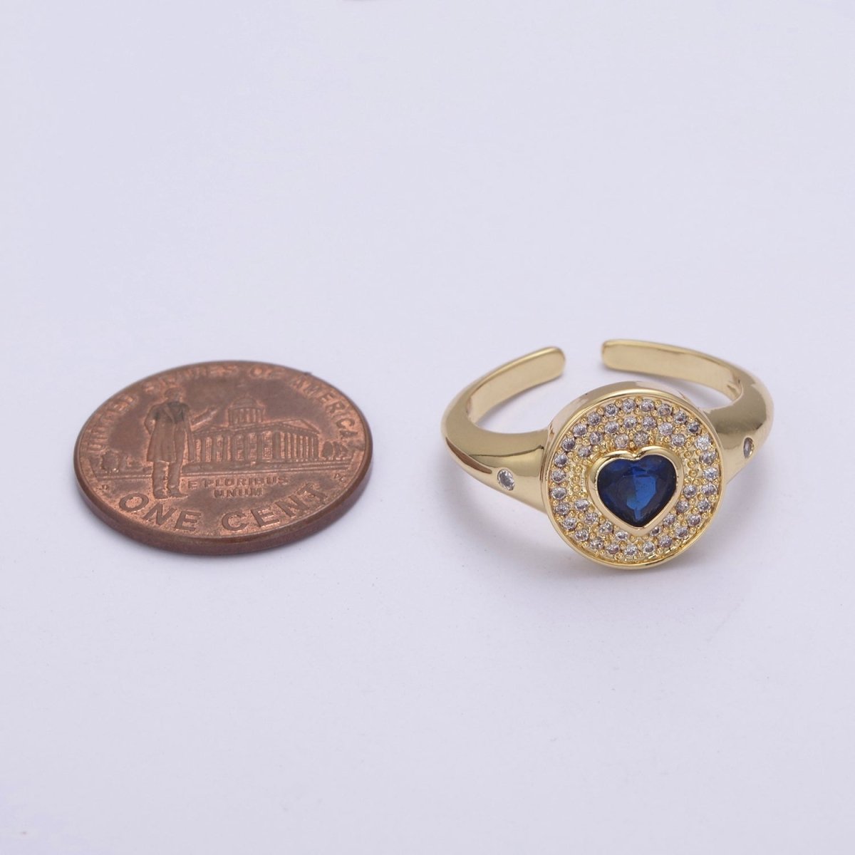 14k Gold Filled Signet Ring, Cubic Zirconia CZ Heart Circle Ring, Gold Open Adjustable Ring U-285~U-288 - DLUXCA