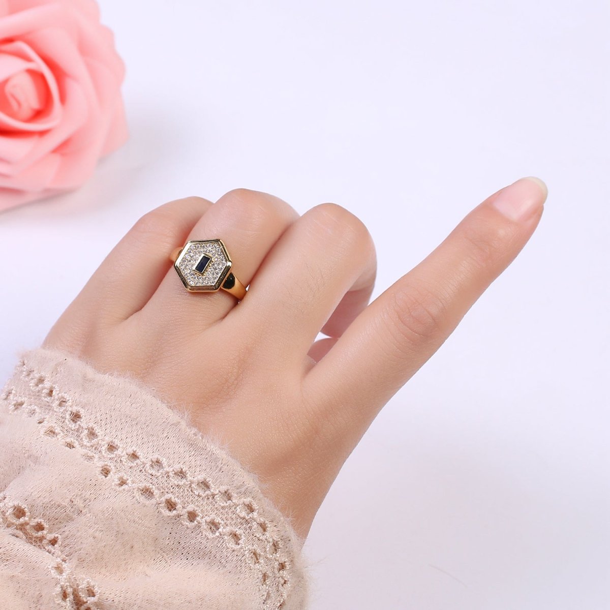 14k Gold Filled Signet Ring, Cubic Zirconia Signet Ring, CZ Octagonal Ring, Gold Open Adjustable Ring U-260 ~ U-263 - DLUXCA