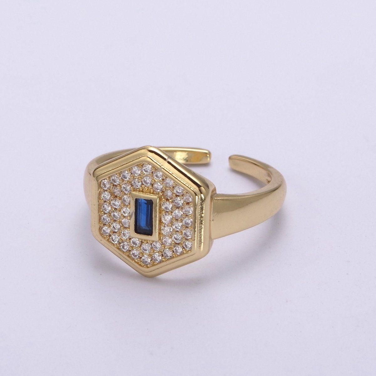 14k Gold Filled Signet Ring, Cubic Zirconia Signet Ring, CZ Octagonal Ring, Gold Open Adjustable Ring U-260 ~ U-263 - DLUXCA