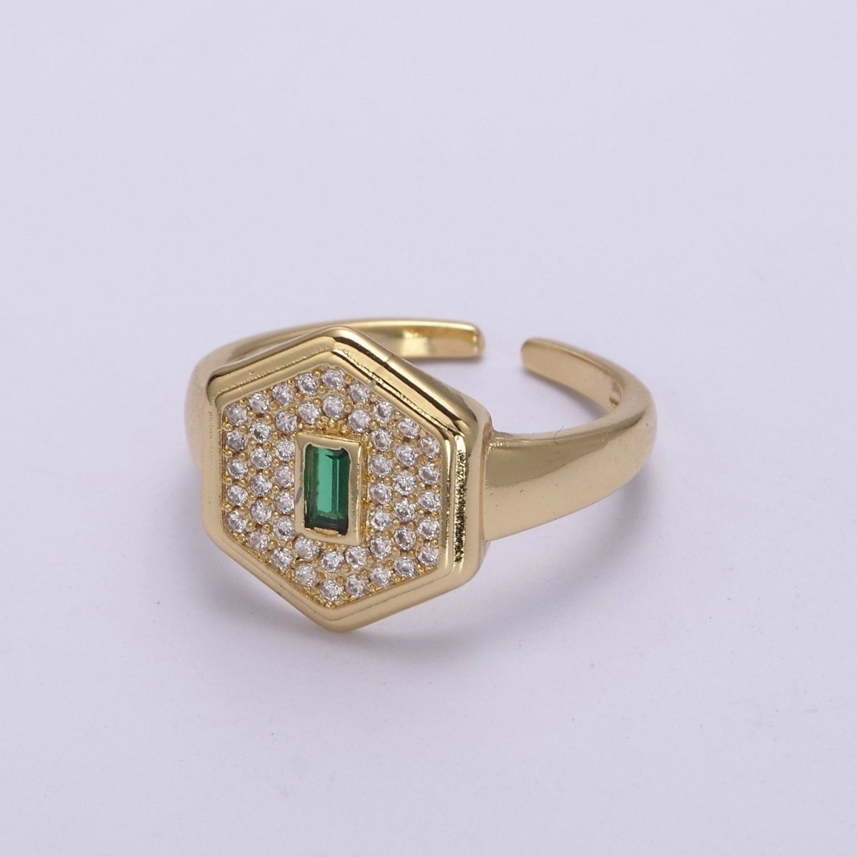 14k Gold Filled Signet Ring, Cubic Zirconia Signet Ring, CZ Octagonal Ring, Gold Open Adjustable Ring U-260 ~ U-263 - DLUXCA