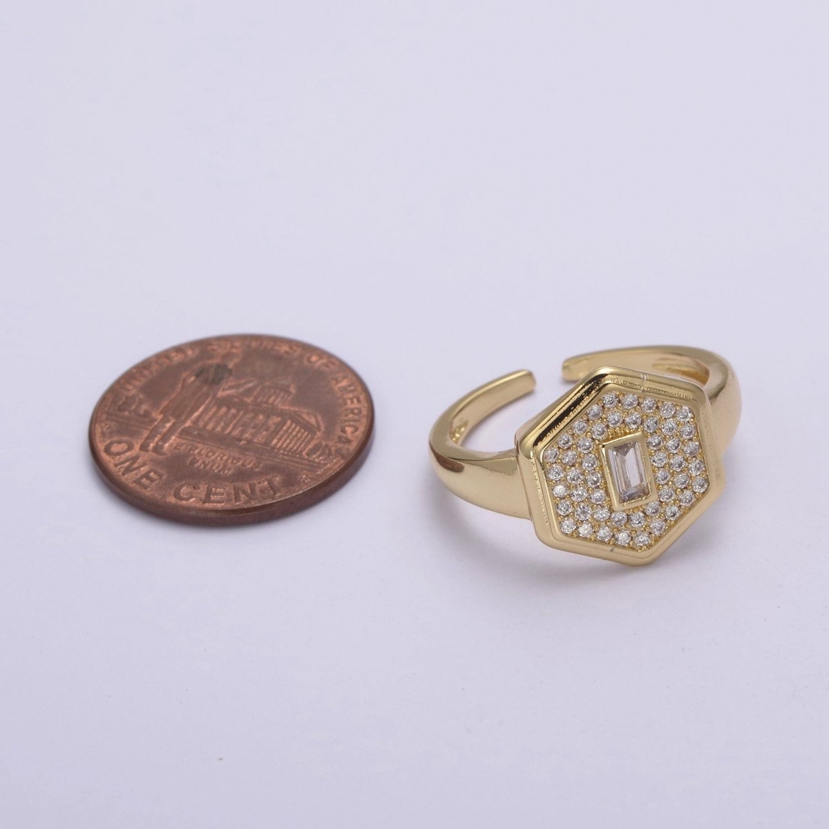 14k Gold Filled Signet Ring, Cubic Zirconia Signet Ring, CZ Octagonal Ring, Gold Open Adjustable Ring U-260 ~ U-263 - DLUXCA