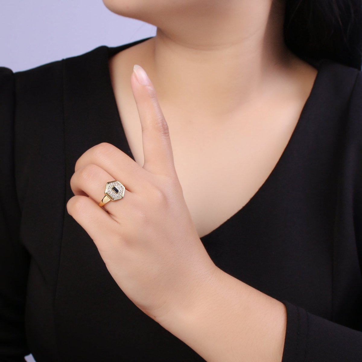 14k Gold Filled Signet Ring, Cubic Zirconia Signet Ring, CZ Octagonal Ring, Gold Open Adjustable Ring U-260 ~ U-263 - DLUXCA